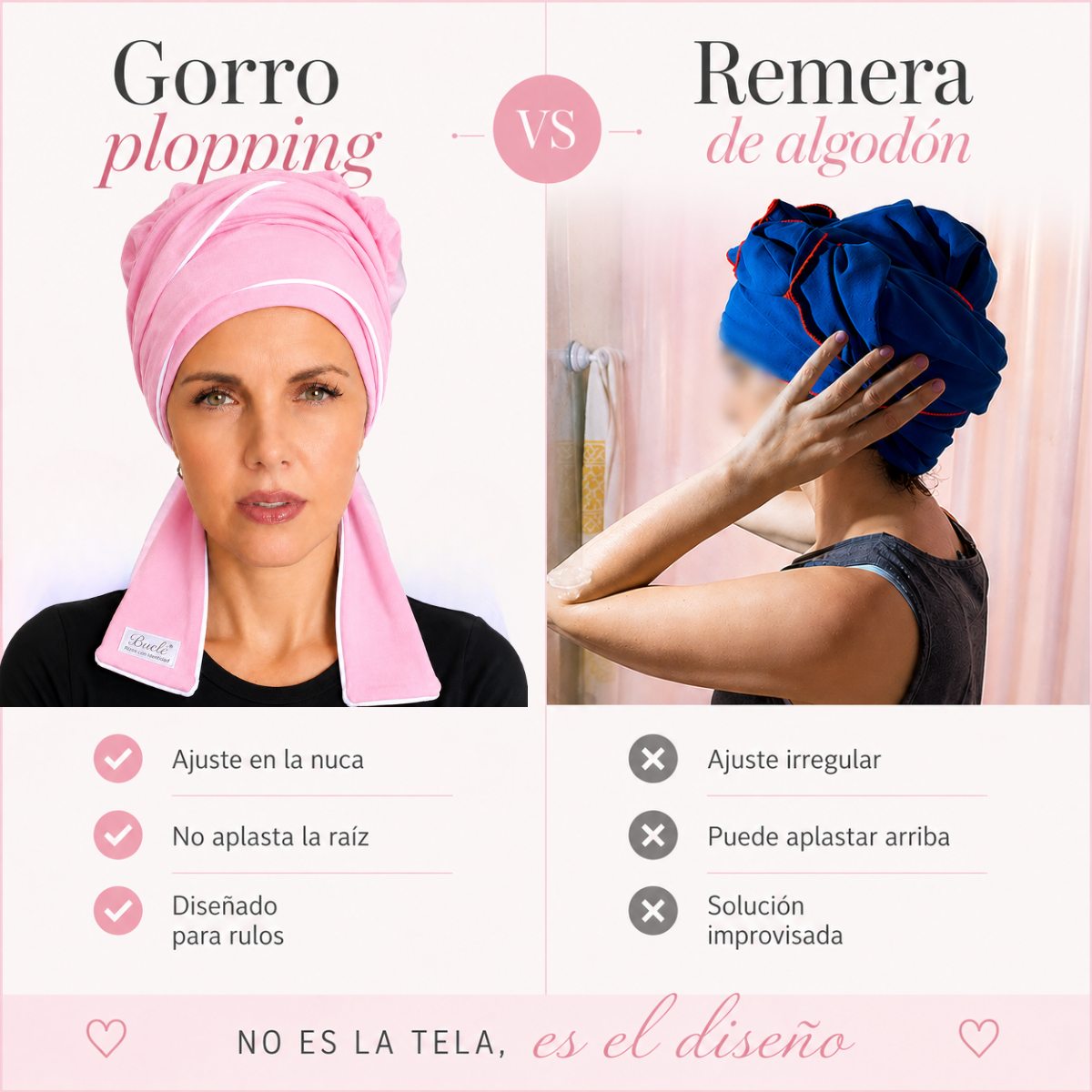 Comparación entre gorro plopping y remera de algodón